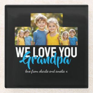 WE LOVE YOU Opa Foto Collage Blauwe Script Glazen Onderzetter