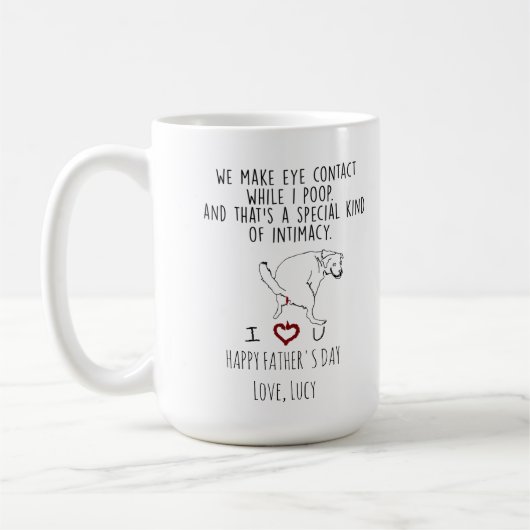 We maken oogcontact terwijl ik poep koffiemok (Links)