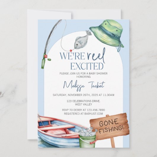 We’re Reel Excited, fishing-themed baby shower Kaart (Voorkant)