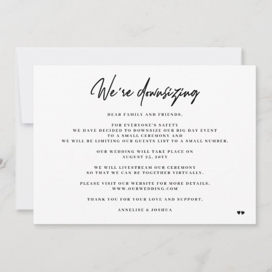 We reduceren elegante minimale kleinere bruiloft aankondiging (Voorkant)