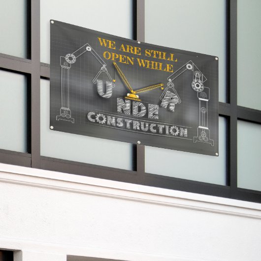 We staan nog open terwijl we in aanbouw zijn spandoek (Buitenkant Gebouw)