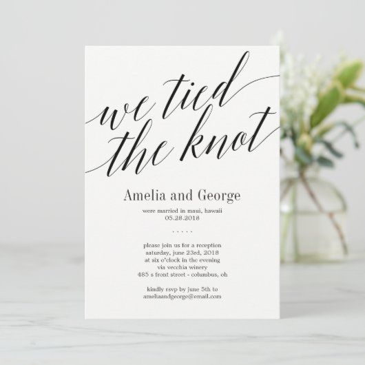We Tied The Knot Trouwreceptie Modern Script Kaart (Staand voorkant)