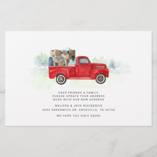 We verplaatsen Waterverf Red Truck Address Change Briefpapier (Achterkant)