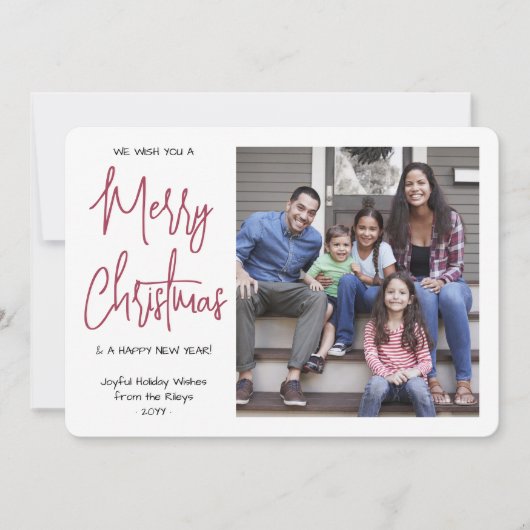 We wensen je een vrolijk kerstrood script 1 foto feestdagenkaart (Voorkant)