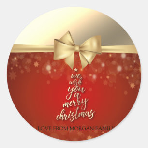 We wensen u een prettige kerst, Faux Gold Bow Red Ronde Sticker