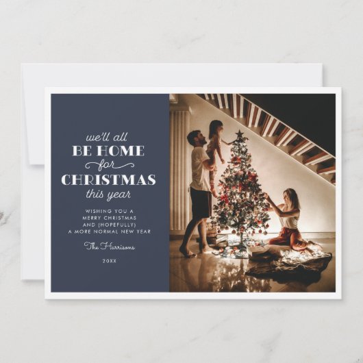 We zijn allemaal thuis voor kerstfeestdag. feestdagenkaart (Voorkant)