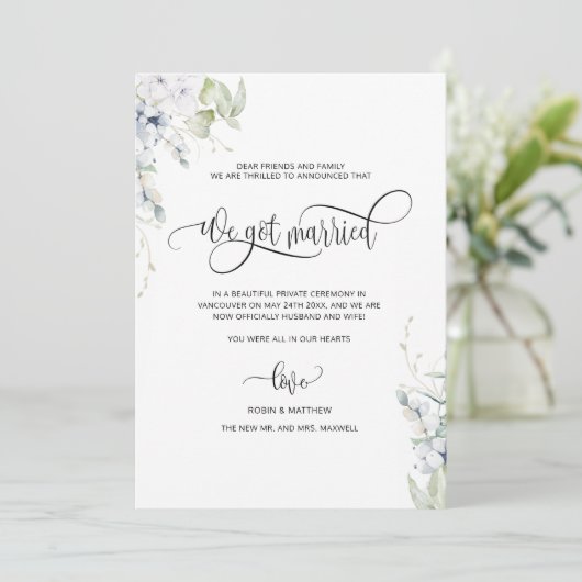 We zijn getrouwd, legant huwelijk aankondiging (Staand voorkant)