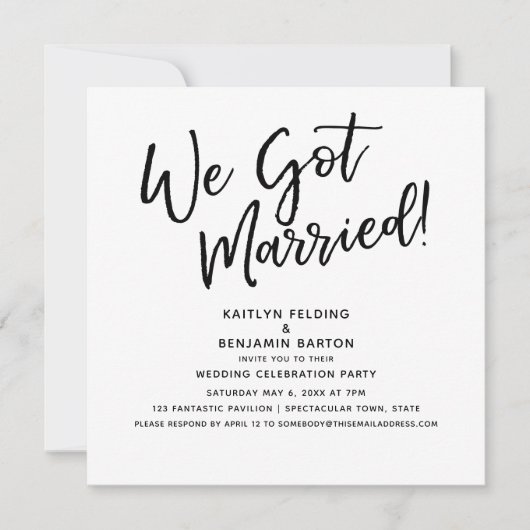 "We zijn getrouwd!" Modern script bruiloft-ontvang Kaart (Voorkant)