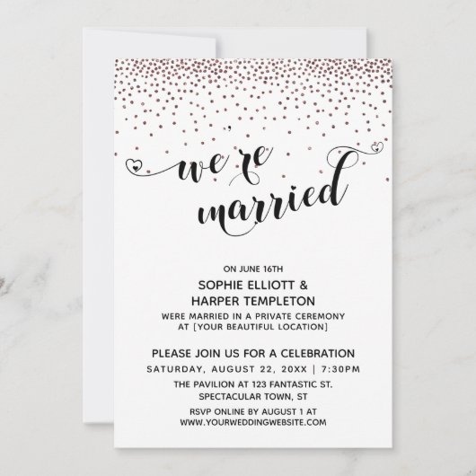 We zijn getrouwd Script Roze Gouden Confetti Bruil Kaart (Voorkant)
