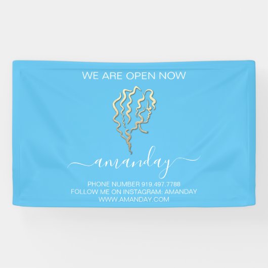We zijn nu open, blauwe Logo Gold Hairdresser Spandoek (Horizontaal)