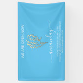 We zijn nu open, blauwe Logo Gold Hairdresser Spandoek (Verticaal)