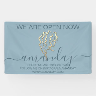We zijn nu open voor Logo rokerblauwe haarstaarste Spandoek