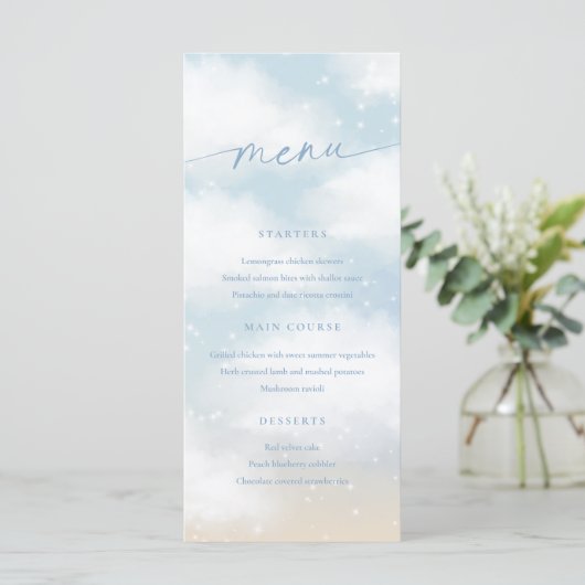 We zijn op Cloud 9 Dreamy Clouds Menu Kaart Blauw (Staand voorkant)