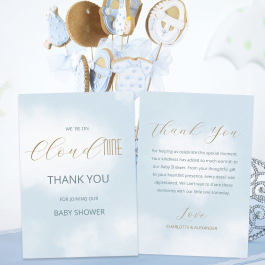 We zijn op Cloud 9 Elegant Script Blue Baby shower Bedankkaart