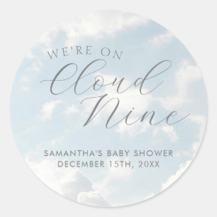 We zijn op Cloud Nine Blue Clouds Baby shower Ronde Sticker
