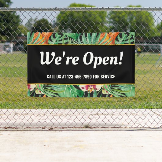 We zijn open Business Tropical Floral Spandoek (Insitu)