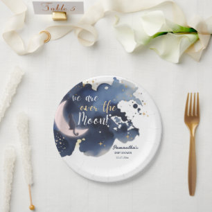 We zijn over de maan baby shower blauw papieren bordje