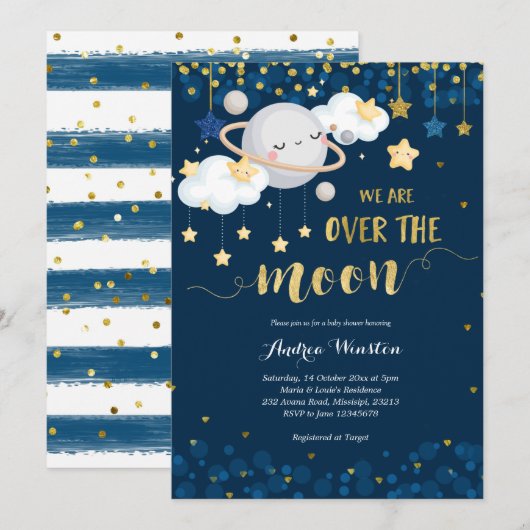 We zijn over het Baby shower van de Moon Navy Blue Kaart (Voorkant / Achterkant)