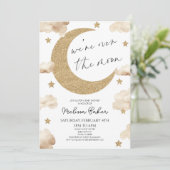 We zijn over het Moon Boho Celestial Baby shower Kaart (Staand voorkant)