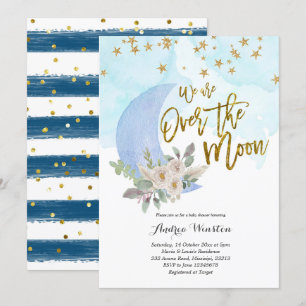 We zijn Over the Moon Blue Baby shower Invitation Kaart