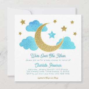 We zijn over the Moon Blue Glitter Gold Baby showe Kaart