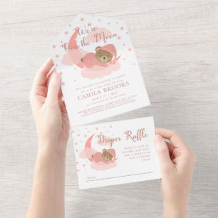 We zijn over the moon slapen Beer meisje Baby show All In One Uitnodiging