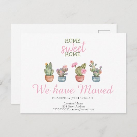 We zijn verhuisd, cactus, thuis lief thuis aankondigingskaart (Voorkant / Achterkant)