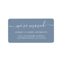 We zijn verhuisd Denim Blue Nieuw adres label