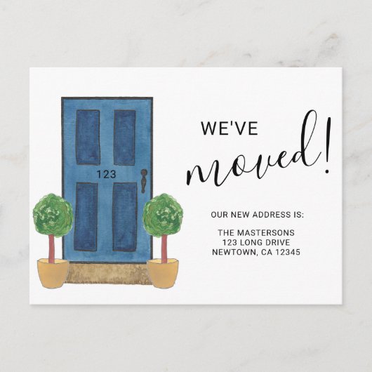 We zijn verhuisd Nieuw adres Blauwe waterverfdeur Aankondigingskaart (Voorkant)