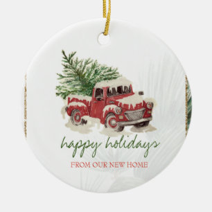 We Zijn Verhuisd,Rode Truck,Dennenboom Sneeuw Vaka Keramisch Ornament