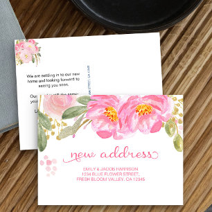 We zijn verhuisd Roze Waterverf Bloemen Nieuw Adre Aankondigingskaart