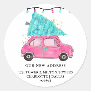 We zijn verhuisd Schattigee roze autoboom Nieu Ronde Sticker