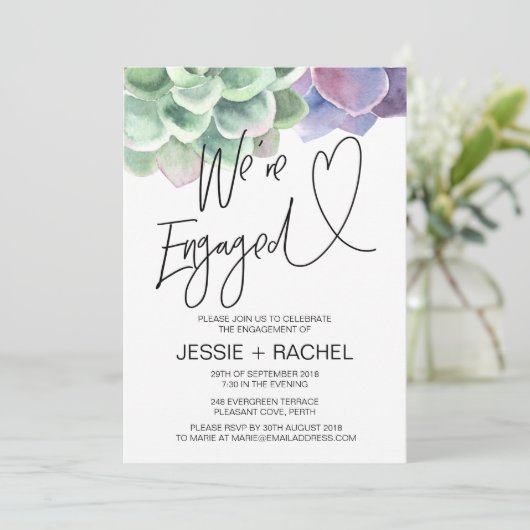 We zijn verloofd met een succulent engagement part kaart (Staand voorkant)