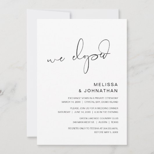 We zijn weggelopen, Trouw Elopement Feest Kaart (Voorkant)