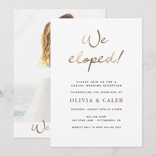 We zijn weggelopen! Uitnodiging bruiloftsfeest (Voorkant / Achterkant)