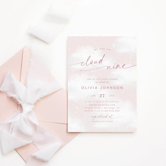We zitten op Cloud 9 Dreamy Pink Baby shower Kaart