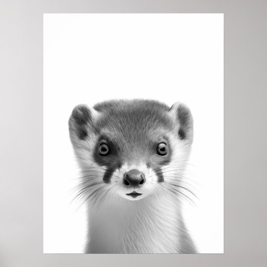 Weasel Woodland Modern Portret zwart wit Poster (Voorkant)