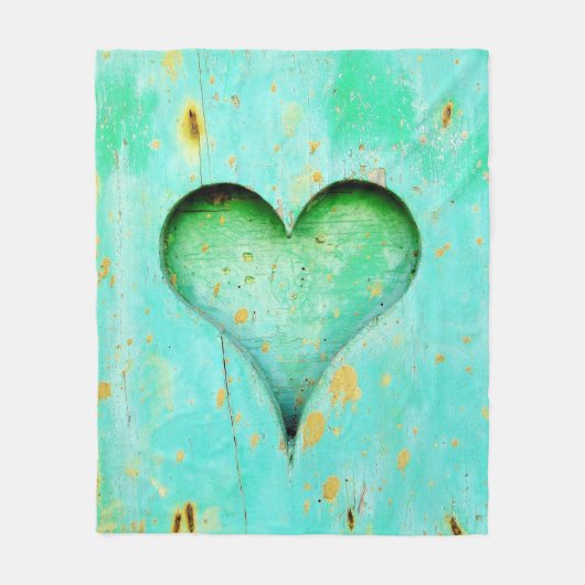 Weathered Blue Peeling Paint Wood Heart Symbol Fleece Deken (Voorkant)