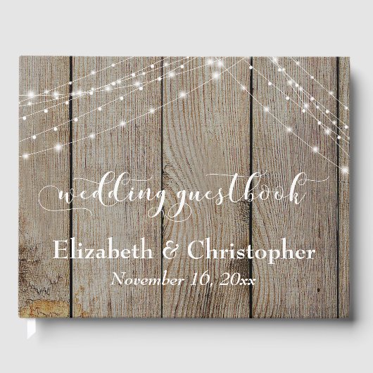 Weathered Wood & Light Strings Wedding Gastenboek (Voorkant)