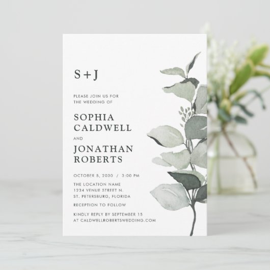 Website RSVP Eucalyptus Sage Monogram Bruiloft Kaart (Staand voorkant)