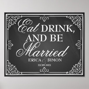 Weddenbordbord eet drink en trouwt poster