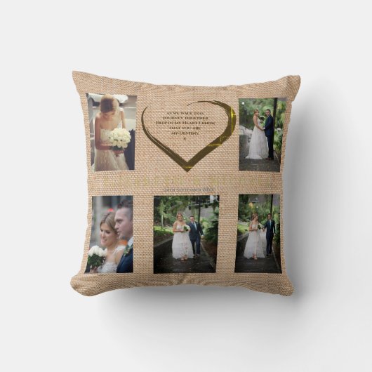 Weddenfoto Collage Rustic Hessian Heart Quote Kussen (Voorkant)