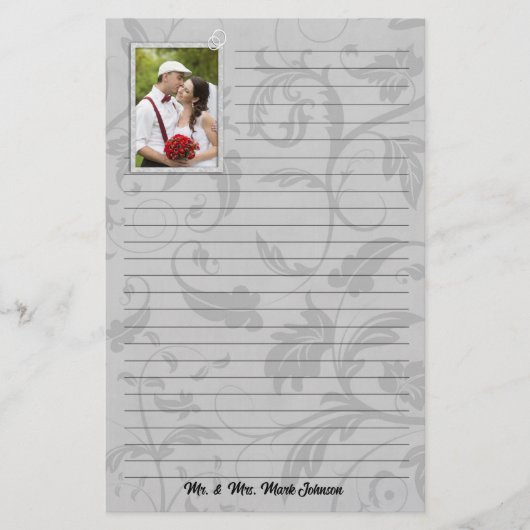 Weddenfoto Taupe Damask Wedding Lined Briefpapier (Voorkant)