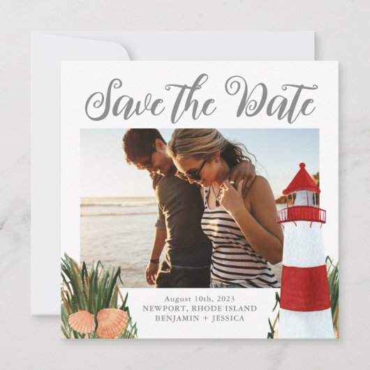 Weddenfoto van kustbestemming save the date (Voorkant)