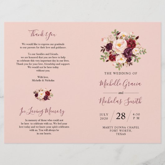 Weddenprogramma Burgundy Blush Waterverf Floral (Voorkant)