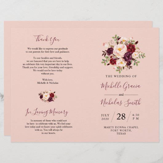 Weddenprogramma Burgundy Blush Waterverf Floral (Voorkant / Achterkant)