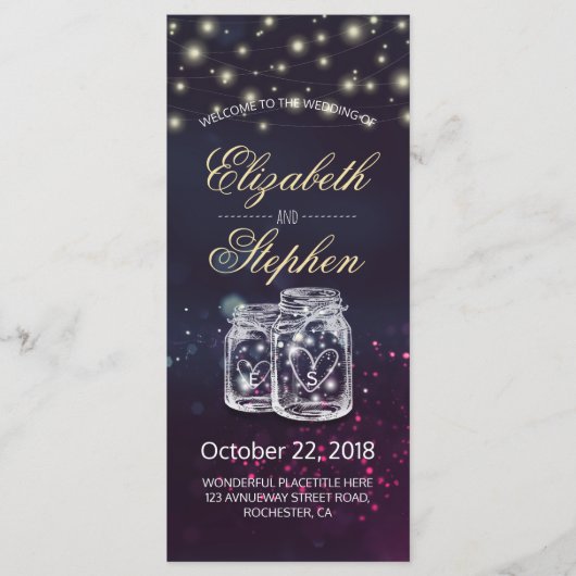 Weddenprogramma Chic Mason Jar Paars String Light Programma (Voorkant)
