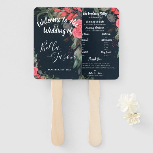 Weddenprogramma Elegant Peach Oranje Floral Handwaaier (Voorkant en achterkant)