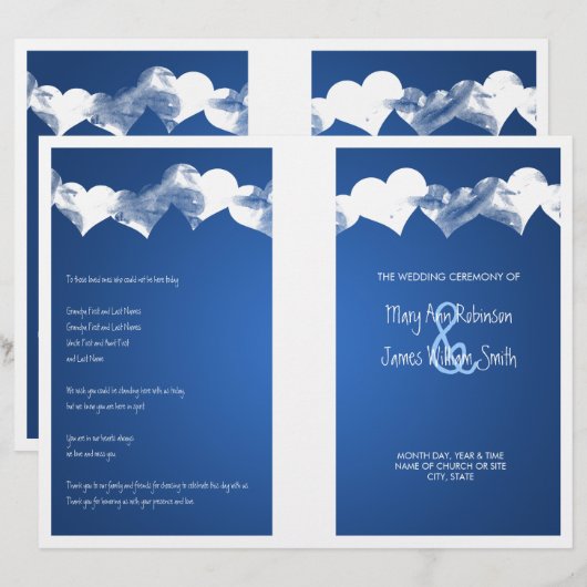 Weddenprogramma Grunge Hearts Blue (Voorkant / Achterkant)