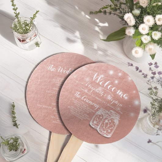 Weddenprogramma Mason Jars String Lights Roos Gold Handwaaier